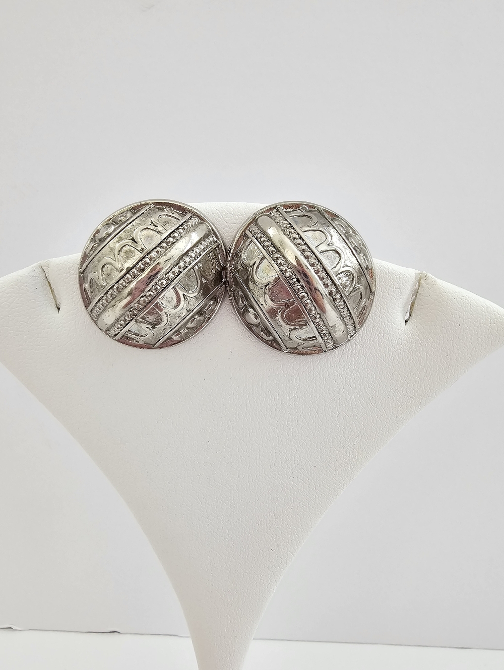 Vintage Signed Avon Silver-Tone Etched Dome Pierced Earrings